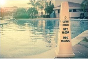 Slip and fall sign on a swimming pool